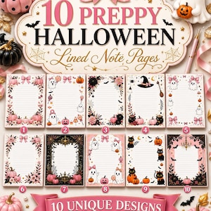 May include: A digital collection of 10 Halloween-themed lined note pages featuring pink and black pumpkins, ghosts, cats, and floral accents. The header text reads 10 PREPPY HALLOWEEN Lined Note Pages, and the bottom banner states 10 UNIQUE DESIGNS.