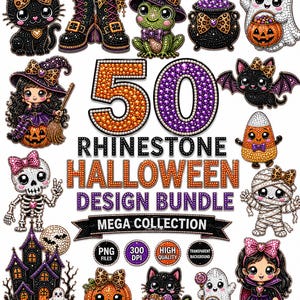 Può includere: Una collezione digitale di 50 disegni di Halloween con strass raffiguranti personaggi dei cartoni animati come gatti, streghe, fantasmi, scheletri e zucche. Il testo recita 50 RHINESTONE HALLOWEEN DESIGN BUNDLE MEGA COLLECTION con etichette PNG.