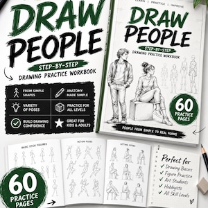Cuaderno de ejercicios para dibujar personas, práctica de dibujo de figuras en PDF, proporciones humanas, poses y rostros, cuaderno de arte imprimible para principiantes.