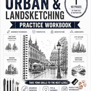 Könnte beinhalten: Ein spiralgebundenes Übungsbuch mit dem Titel New Practice Book Urban & Landsketching Volume 1 mit 40 Seiten. Das Cover zeigt eine schwarz-weiße Skizze einer Stadtstraße mit einem großen Kuppelgebäude, einer Laterne und verschiedenen Zeichenwerkzeugen.