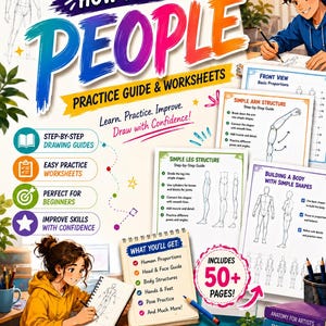 May include: A How to Draw People practice guide and worksheets book featuring colorful text, step-by-step drawing instructions, anatomical diagrams, and a checklist of contents including human proportions, head, face, body, hands, feet, and pose practice.