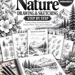May include: A black and white drawing guide titled Nature Drawing & Sketching Step by Step with 30 worksheets. It features illustrations of trees, flowers, leaves, and mountain landscapes, alongside a spiral-bound sketchbook and three pencils.