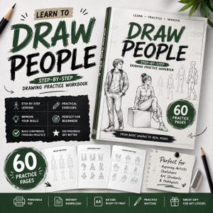 May include: A drawing practice workbook titled Learn to Draw People with a step-by-step guide. The cover features illustrations of a person standing and a person sitting on a box, with text indicating 60 practice pages for beginners.