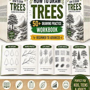 Könnte beinhalten: Ein spiralgebundenes Zeichenübungsheft mit dem Titel How to Draw Trees mit über 50 Übungen. Das Cover zeigt eine Waldillustration und die aufgeschlagenen Seiten zeigen Abschnitte für Baumumrisse, Astübungen, Blattstudien und Texturen.