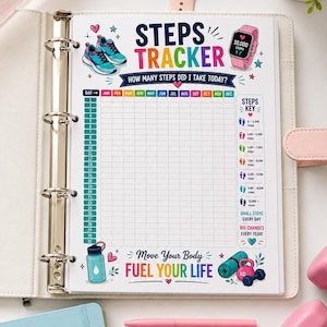 May include: A printed steps tracker page in a binder featuring a grid for months and days, illustrations of trainers, a fitness watch, a water bottle, and a yoga mat. The text reads Steps Tracker, How Many Steps Did I Take Today, and Move Your Body Fuel Your Life.