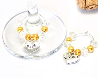 Gold Herz Wein Glas Charms mit Perle & Kristall Perlen, Brautdusche Favor Geschenke, Glas Perlen Wein Zubehör, Braut und Bräutigam Geschenk