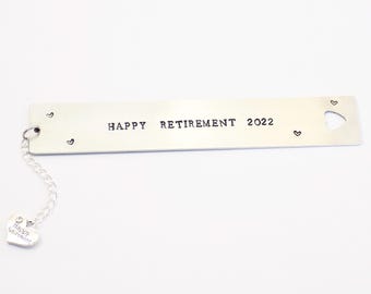 Retirement Bookmark, Personalised Metal Quote Bookmark, Teacher Gift, Book Lover, Bookworm, Handstamped Silver Bookmark, Retirement Gift
