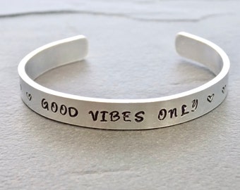 Good Vibes Only Jewelry, Cuff Bracelet, Personalised Bracelet, Affirmation Jewelry, Message Bracelet, Custom Bracelet, Sisters Bracelet