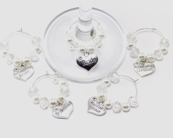 Wedding Wine Glass Charms: Pearl Beads, Rhinestone Heart, Bridal Colours, Bride and Groom Gift, Wedding Party Decor, Wine Charms Bride