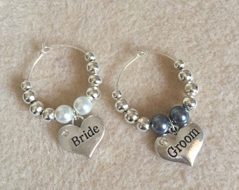 Personalised Rhinestone Heart Wine Charm: Pearl Wedding Favour, Wedding Wine Glass Charm, Bride and Groom Wine Charms, Bride Drink Charm