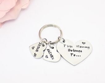 Personalised Mommy Keychain, Hand Stamped Heart Keyring with Name Tags, Gift for Mom, Mother's Day, Birthday, Nanny or Grandma Keepsake