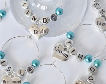 Teal Name Tags for Weddings, Bachelorette Party Decor, Wine Glass Charms, Bridal Party Gift, Bridesmaid Box, Bride Tribe, Wedding Party Gift