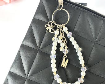Personalised Initial Bag Charm, Pearl Beaded Keyring, Bag Accessories, Handbag Charm for Women, Gift for Her, Mum Gift, Birthday Gift