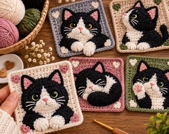 May include: Five square crochet patches featuring black and white cats with large eyes and pink accents. Each patch displays a different cat pose, including sitting, sleeping, and waving, decorated with small crocheted hearts in various colors.