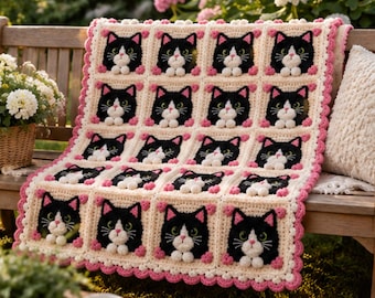 May include: A crocheted blanket featuring a repeating pattern of black and white cat faces in square panels. The blanket has a cream-colored background, pink accents on the cat ears, and a scalloped pink border around the entire edge.