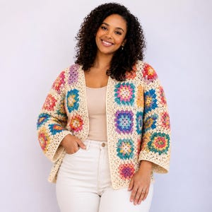 Modèle PDF de cardigan au crochet fait main, style patchwork bohème, veste colorée au crochet, modèle de cardigan facile