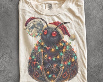 Vintage Christmas Mothman 90s Graphic Tee, Retro Holiday Comfort Colors® Cryptid Lover Festive Shirt