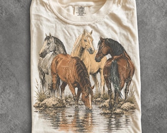Vintage Wild Horses 90s Graphic Tee, Retro Western River Comfort Colors® Ranch Nature Shirt