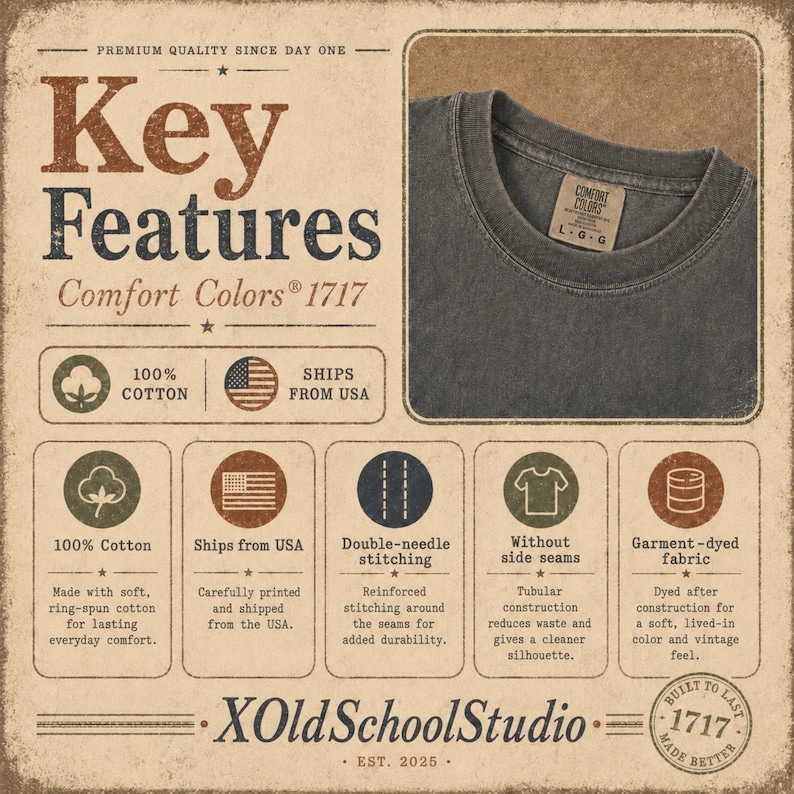 May include: A charcoal gray t-shirt with a Comfort Colors 1717 label. The graphic displays key features including 100% cotton, double-needle stitching, no side seams, and garment-dyed fabric. The text includes Key Features, Comfort Colors 1717, and XOldSchoolStudio.