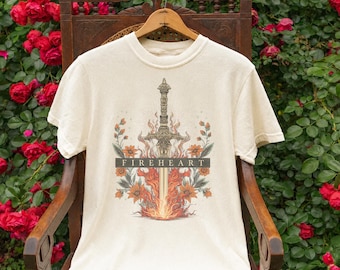 Vintage Fireheart Sword 90s Graphic Tee, Retro Floral Fantasy Comfort Colors® Bookish Warrior Shirt