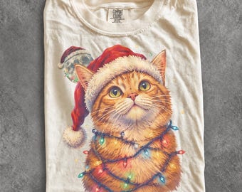 Vintage Christmas Cat 90s Graphic Tee, Retro Holiday Comfort Colors® Animal Lover Festive Shirt