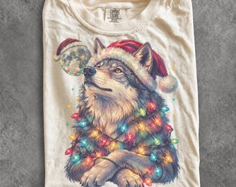 Vintage Christmas Wolf 90s Graphic Tee, Retro Holiday Comfort Colors® Animal Lover Festive Shirt