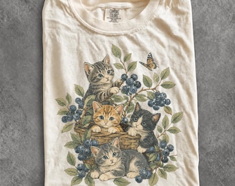 Vintage Kittens Blueberry 90s Graphic Shirt, Retro Cottagecore Cat Comfort Colors® Butterfly Unisex Tee