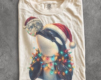 Vintage Christmas Orca 90s Graphic Tee, Retro Holiday Comfort Colors® Killer Whale Festive Shirt