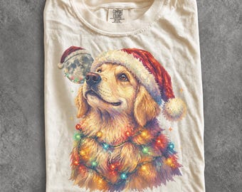 Vintage Christmas Dog 90s Graphic Tee, Retro Holiday Comfort Colors® Golden Animal Christmas Shirt