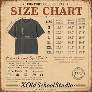 May include: A Comfort Colors 1717 size chart for a charcoal grey unisex garment-dyed t-shirt. The chart displays width, length, and sleeve length in inches for sizes S through 3XL, alongside care instructions and a note on manufacturing tolerances.