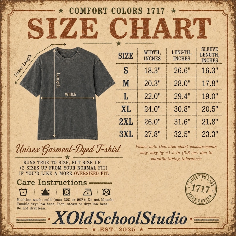 May include: A Comfort Colors 1717 size chart for a charcoal grey unisex garment-dyed t-shirt. The chart displays width, length, and sleeve length in inches for sizes S through 3XL, alongside care instructions and a note on manufacturing tolerances.