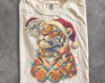 Vintage Christmas Tiger 90s Graphic Tee, Retro Holiday Comfort Colors® Animal Lover Festive Shirt