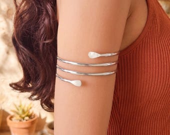 Handmade Silver Triple Spiral Arm Cuff | Smooth Coil Upper Arm Band | Minimalist Armlet Gift for Women | Adjustable Silver Arm Cuff