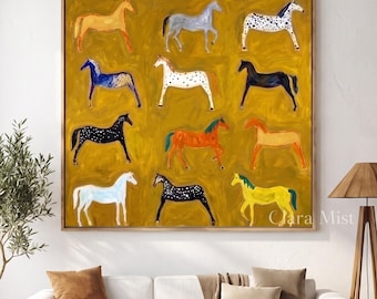 Colorful Horse Abstract Oil Painting, Folk Equestrian Wall Art, Hand Painted Minimalist Textured Yellow Canvas, Whimsical Rustic Home Decor