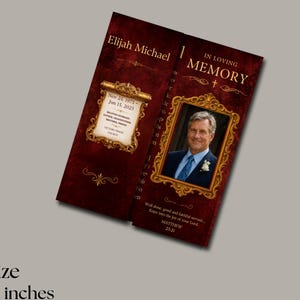 Modello di programma funebre pieghevole Burgundy, brochure commemorativa modificabile, modello di necrologio per la celebrazione della vita, programmi funebri in tela