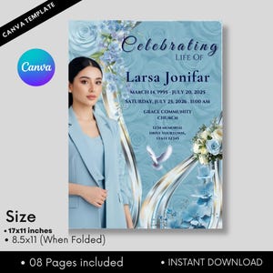 May include: A funeral program template featuring a light blue background with roses, blue flowers, and a white dove. The text reads Celebrating Life Of Larsa Jonifar, March 14, 1995 - July 20, 2025, Saturday, July 25, 2026, 11:00 AM, Grace Community Church.