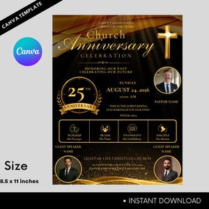 Puede incluir: Una plantilla de folleto para celebración de aniversario de iglesia en negro y dorado que mide 21,59 por 27,94 cm. Incluye una cruz brillante, texto como Church Anniversary Celebration, 25th Anniversary y espacios para fotos de oradores.