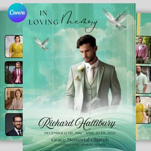 May include: A memorial funeral program template featuring a light green sky background with white clouds and flying doves. The text reads In Loving Memory, Richard Hallibury, December 12th, 1986 - April 20th, 2025, and Grace Memorial Church, Detroit, MI.