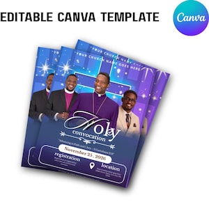 May include: An editable Canva template for a church event flyer featuring a blue background with starbursts. The text reads Holy convocation, November 25, 2026, and includes placeholders for church name, registration, and location details.