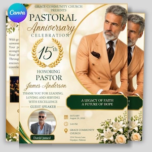 May include: A flyer for a 15th pastoral anniversary celebration honouring Pastor James Anderson at Grace Community Church. It features a portrait of a man in a tan suit, a smaller portrait of a man in a grey suit, and white floral accents.