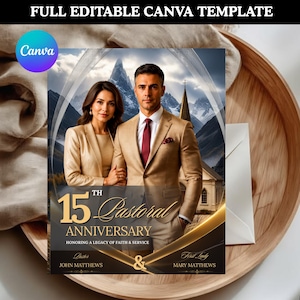 Peut inclure: Un modèle de flyer numérique pour un 15e anniversaire pastoral montrant un couple en tenue formelle beige. Le texte indique 15TH PASTORAL ANNIVERSARY, HONORING A LEGACY OF FAITH & SERVICE, PASTOR JOHN MATTHEWS et FIRST LADY MARY MATTHEWS.