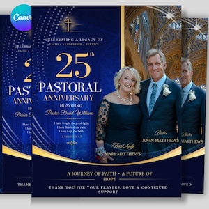 Op de afbeelding: Een flyer voor een 25-jarig pastoraal jubileum met een diepblauwe achtergrond en gouden accenten. Het toont tekst ter ere van Pastor David Williams, een foto van een echtpaar en de tekst 2 Timoteüs 4:7. Het ontwerp bevat een kruis-icoon.