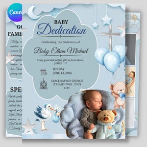 May include: A light blue baby dedication invitation card featuring a sleeping infant in a blue blanket, a teddy bear, a stork, a silver cross, and balloons. The text reads Baby Dedication, Baby Ethan Michael, Sunday June 14, 2026, and Grace Baptist Church.