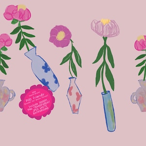 Pink flower vase 3 files bundle(Hand drawn 100%(300 DPI 2 PNG transparent &2 JPEG white back  and 1 pattern antique pink only(png,jpeg)