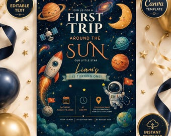 Invitación de cumpleaños "Primer viaje alrededor del sol", invitación de primer cumpleaños con temática espacial de cohete, plantilla editable de Canva "Niño astronauta galaxia"