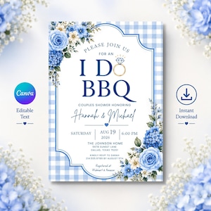 May include: A rectangular invitation card featuring a blue and white gingham border, decorated with blue and white floral arrangements. The text reads: PLEASE JOIN US FOR AN I DO BBQ, COUPLES SHOWER HONORING Hannah & Michael, SATURDAY AUG 19 2026 6:00 PM.