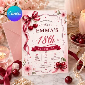 Pode incluir: Um convite retangular para o 18º aniversário da Emma, com fundo branco, ilustrações de flores de cerejeira cor-de-rosa, cerejas vermelhas com laços e texto detalhando a data, hora e local do evento em Manchester.