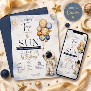 Invitación de cumpleaños "Primer viaje alrededor del sol", Invitación de primer cumpleaños "Eres mi rayo de sol", Cumpleaños espacial, Niño o niña, Plantilla editable de Canva