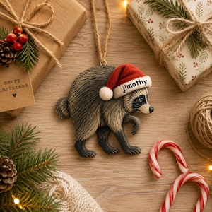 May include: A hanging raccoon ornament featuring a textured grey and brown body, wearing a red and white Santa hat with the name Jimothy printed in black on the brim. The ornament is suspended by a thin tan twine string for holiday decoration.