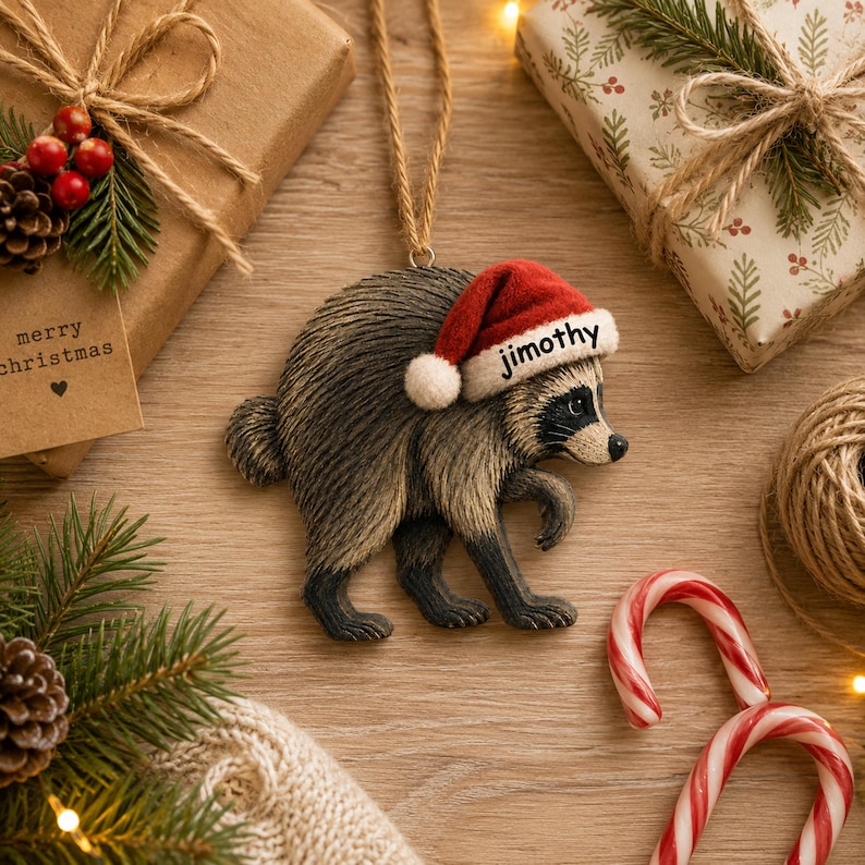May include: A hanging raccoon ornament featuring a textured grey and brown body, wearing a red and white Santa hat with the name Jimothy printed in black on the brim. The ornament is suspended by a thin tan twine string for holiday decoration.